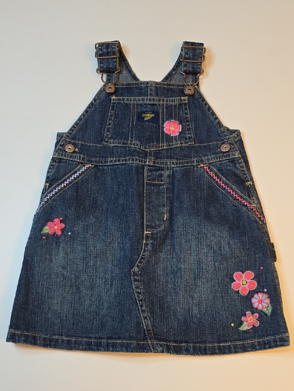 OshKosh B'gosh Girls' Dark Blue Denim Overall Skirt with Pink Floral Embroidery